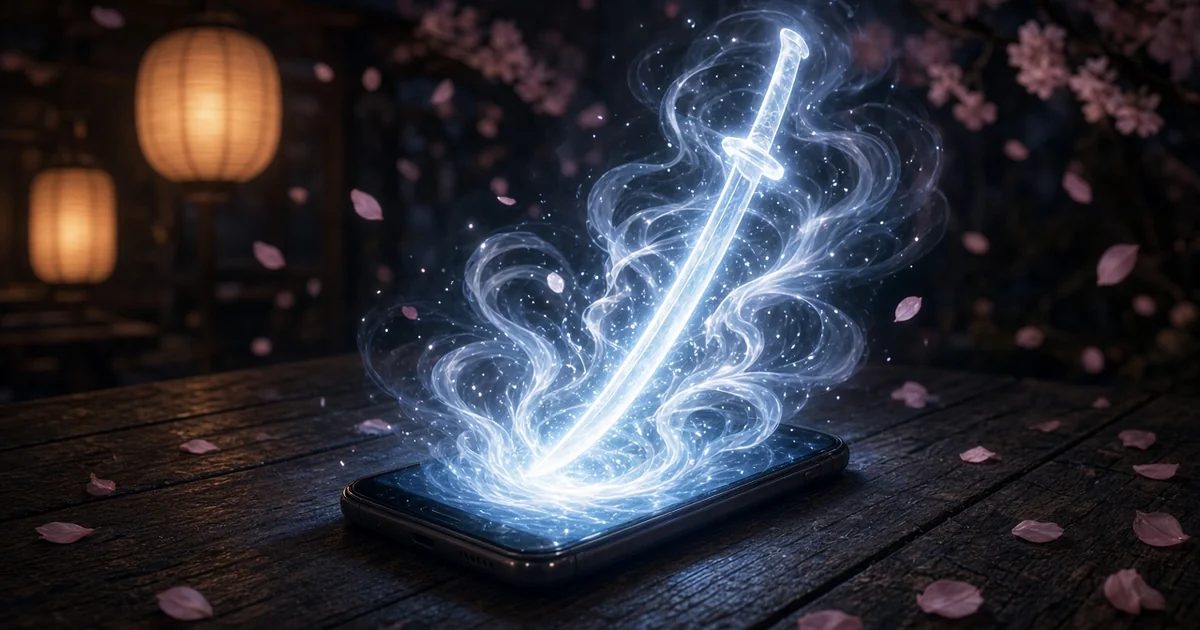 Ahşap masadaki akıllı telefonun ekranından yükselen parlak mavi enerji ve katana silueti, arka planda fenerler