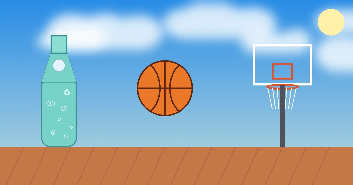 Mavi yaz gökyüzü altında bir ramune şişesi, havada süzülen bir basketbol topu ve sahada bir pota