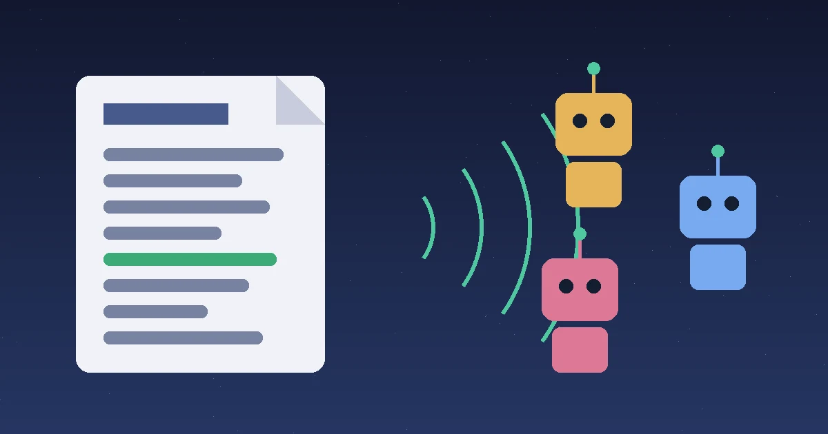 Koyu lacivert zeminde bir metin belgesinden yayılan sinyal dalgaları ve onları karşılayan üç renkli robot figürü