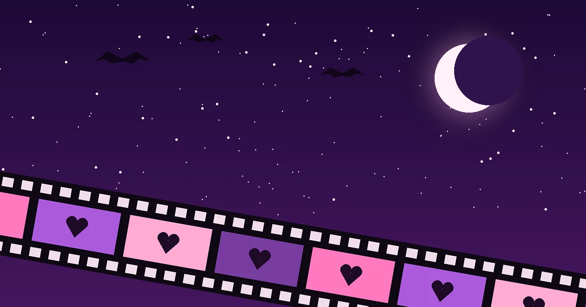 Mor gece göğünde hilal, yarasalar ve kalp desenli pembe-mor bir film şeridi illüstrasyonu