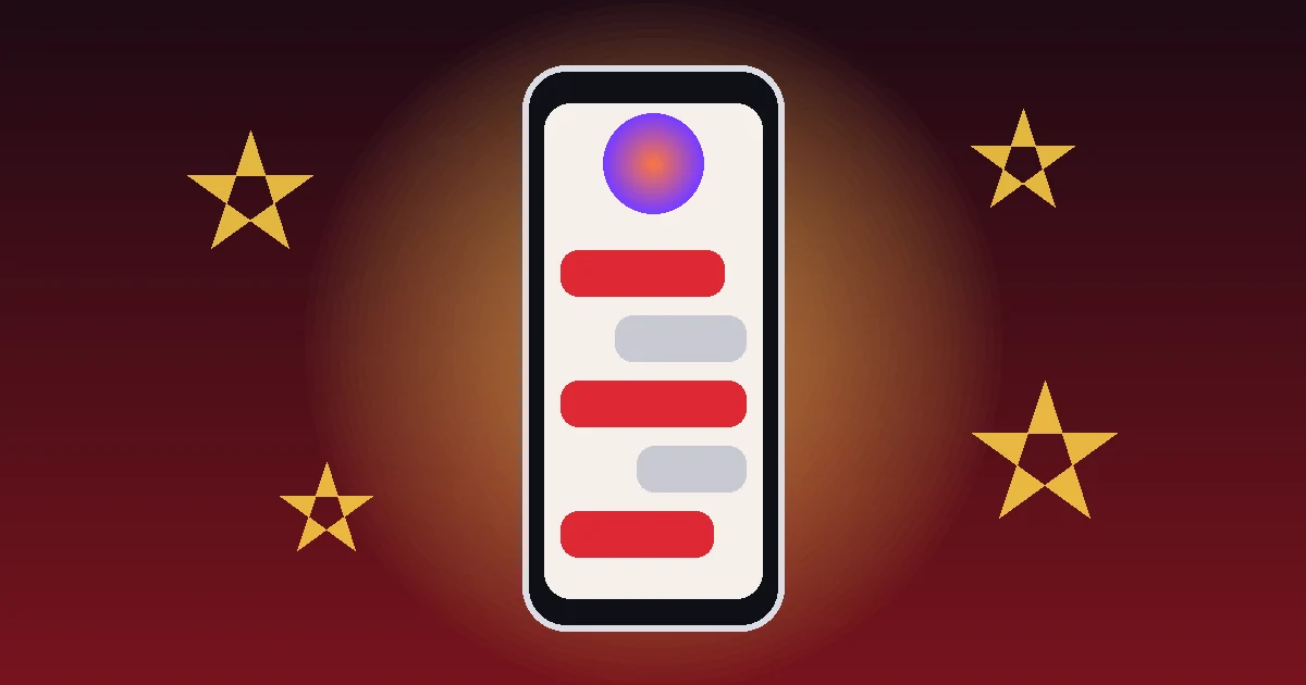 Ekranında sohbet balonları ve parlayan bir asistan küresi olan akıllı telefon çizimi