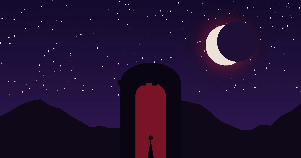 Yıldızlı gece gökyüzünde kızıl ışıltılı bir hilal ve kemerli bir zindan kapısının önünde küçük bir siluet