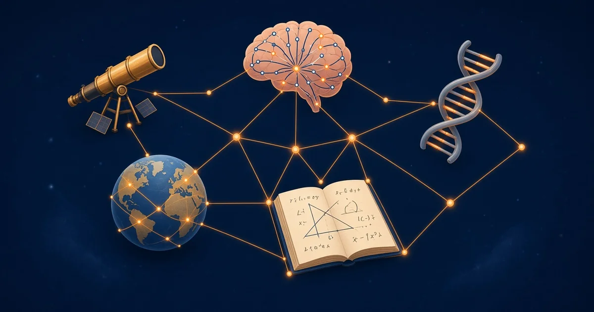 Teleskop, DNA sarmalı, beyin, dünya ve matematik defterini birbirine bağlayan turuncu ışık ağı illüstrasyonu
