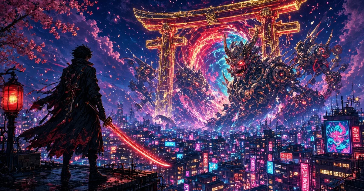 Neon ışıklı bir şehrin üzerinde açılan dev bir kapıdan çıkan mekanik iblisler ve çatıda kırmızı kılıçlı bir siluet