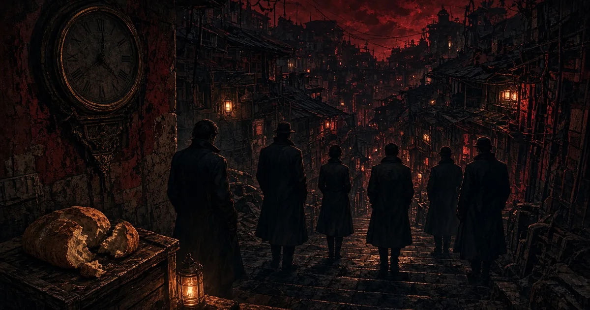 Kırmızı ışıklı karanlık bir kenar mahallede taş merdivende duran paltolu altı siluet ve önde bir somun ekmek